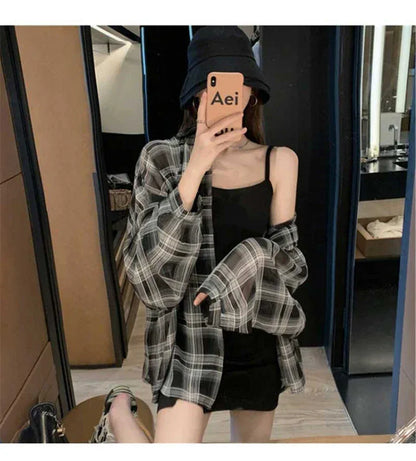 2024 Summer Autumn New Women's Shirt Thin Casual Street Style Shirt Outer Top Checkered Shirt Cardigan Coat for Women