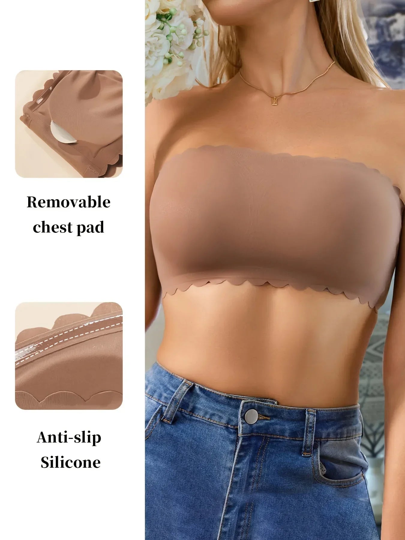 Hot Sale New Design Effective Slip-proof Scallop Side One Piece Bralette Padded Ice Silk Seamless Strapless Bra For Women