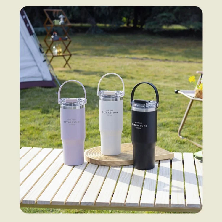 JUSTINLAU 600/900ml Insulated Cups Stainless Steel Double-drinking Thermos Cup with Handle& Straw Sports Bottle Car Ice Tumbler