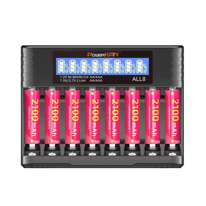 POWERKAN ALL8 charger, 8-slot high-speed LCD AA/AAA charger, suitable for 1.2V Ni-MH 1.5V/3.7V Li-ion rechargeable batteries
