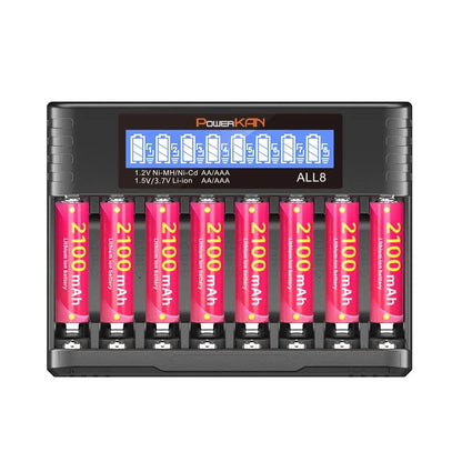 POWERKAN ALL8 charger, 8-slot high-speed LCD AA/AAA charger, suitable for 1.2V Ni-MH 1.5V/3.7V Li-ion rechargeable batteries
