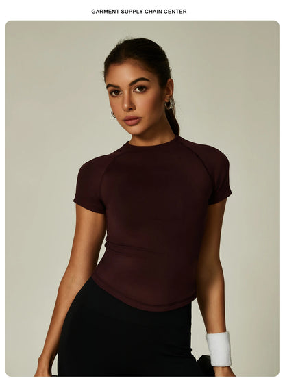 ZHEJIN Seamless Sports T-shirt Women Slim Fit Gym Workout Top Short Sleeve Yoga Shirt Curved Hem Breathable Athletic Sportswear