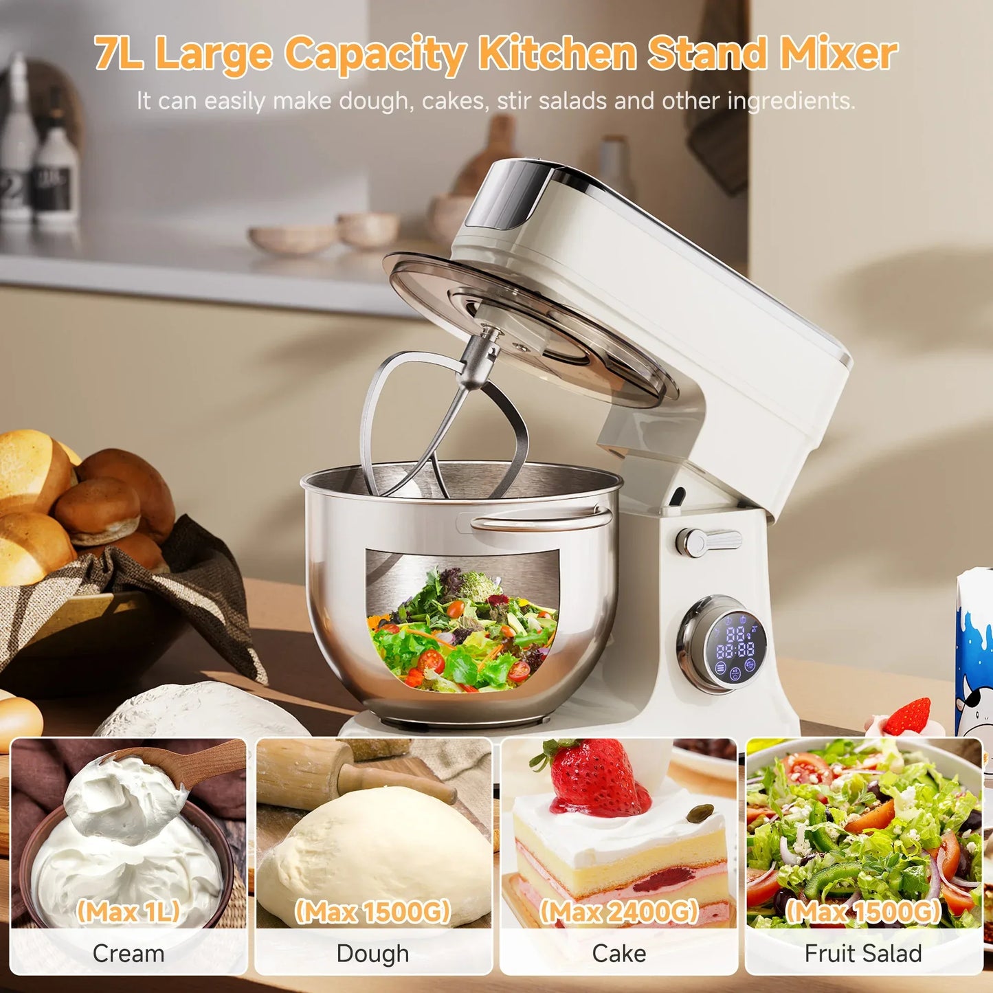 BioloMix 7L Food Mixers for Baking, 1200W DC Motor Stand Mixer, with Dough Hook, Whisk & Beater, Meat Grinder Attachment