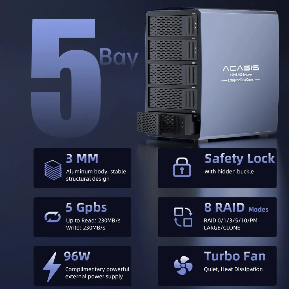 Acasis Hard Drive Docking Station 5 bay SATA HDD Docking Station Aluminum HDD Case Support 8 Raid Mode for 2.5/3.5 inch HDD/SSD