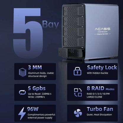 Acasis Hard Drive Docking Station 5 bay SATA HDD Docking Station Aluminum HDD Case Support 8 Raid Mode for 2.5/3.5 inch HDD/SSD