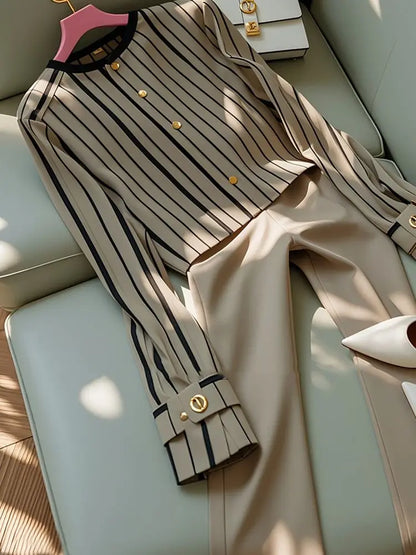 Autumn Korean Fashion High End Long Sleeve Stripe Shirt High Waist Slim Suit Pants Formal Commuter Two Piece Set Women Outfits