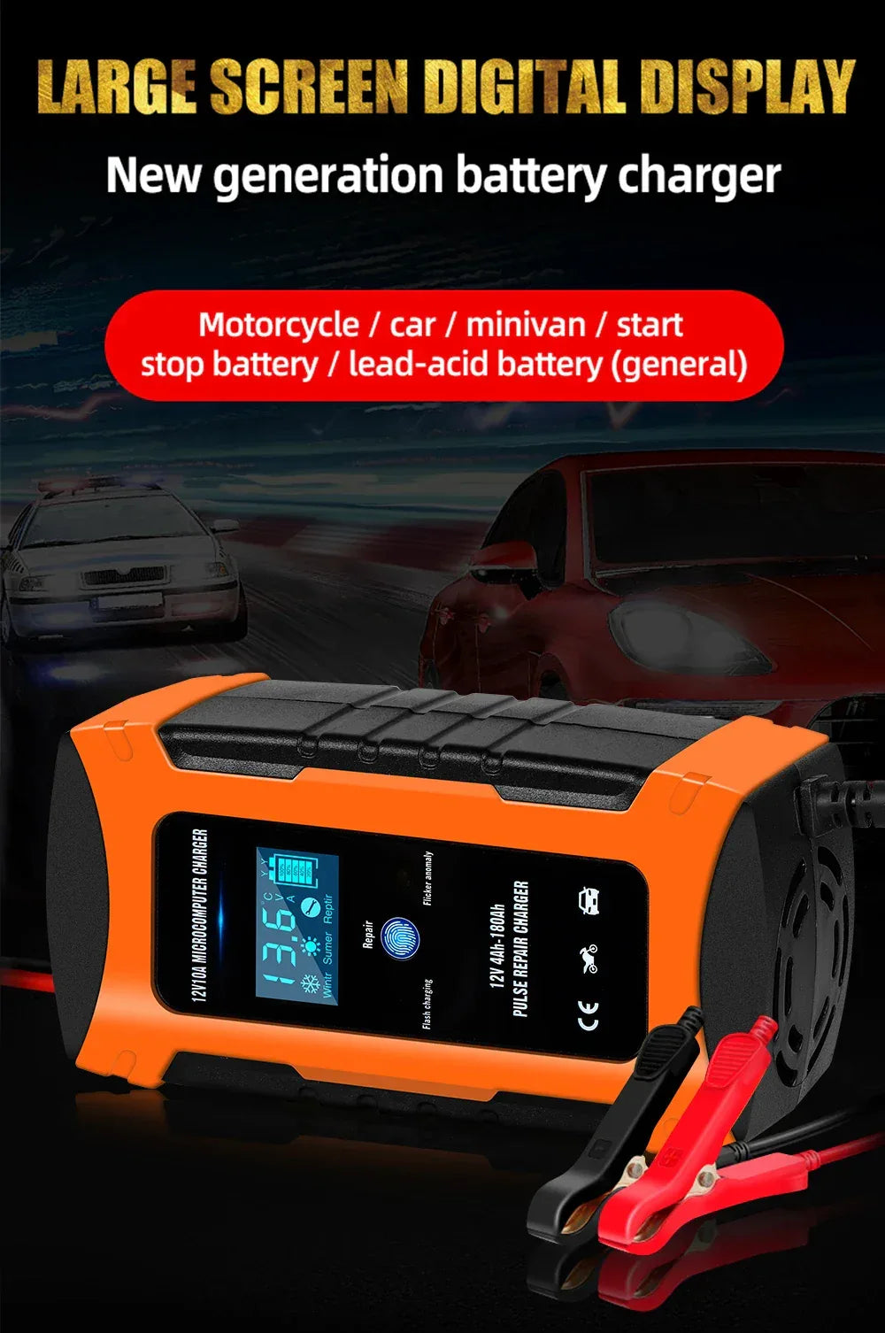 Pulse Repair Car Battery Charger 12V Output Current 10A Max Digital Display Summer Winter Mode Lead-Acid Battery Charger
