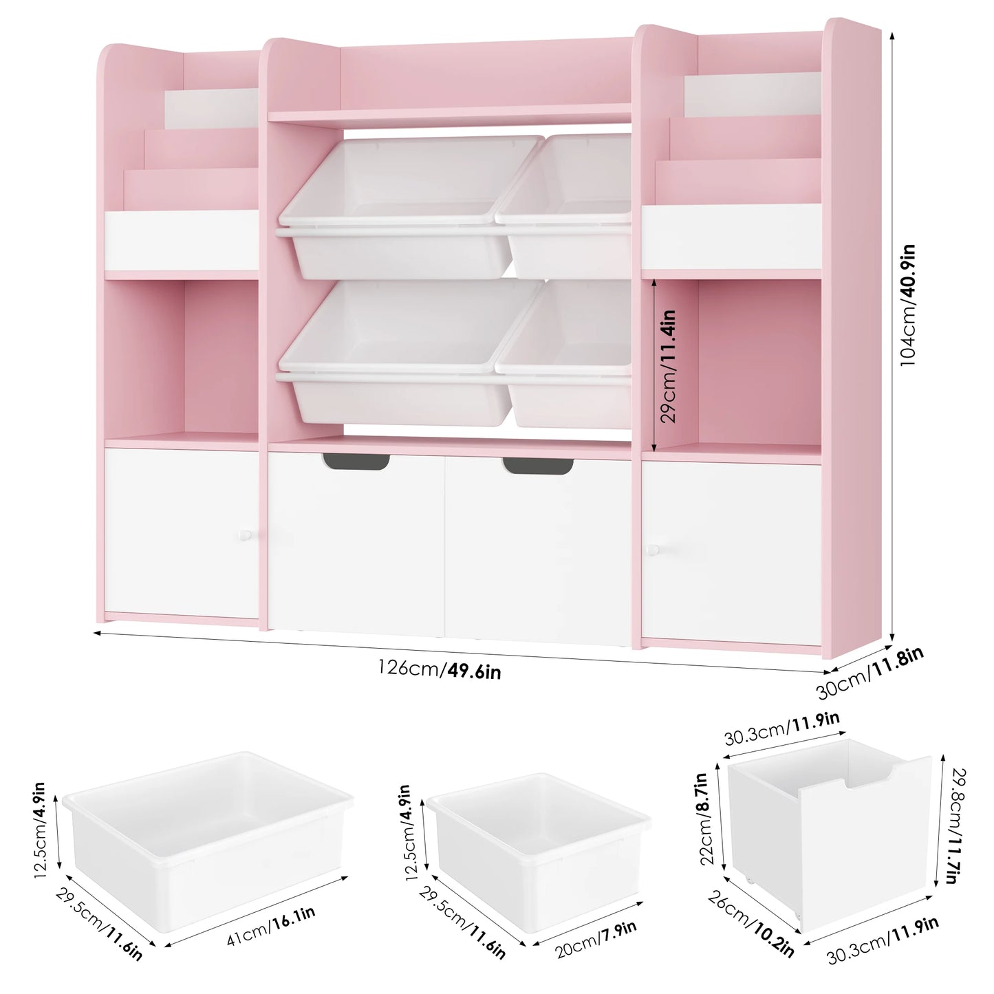Getone Toy Storage Unit Children's Bookshelf Kid's Room Furniture Bookcase with 4 Boxing 2 boxing rolls 13 shelves 126x30x104cm