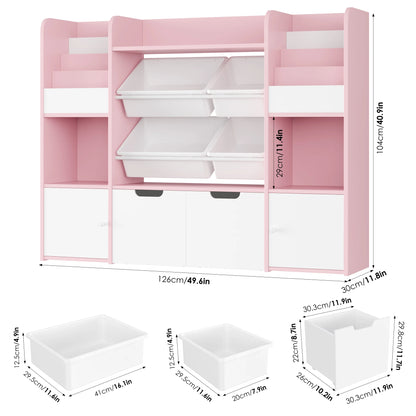 Getone Toy Storage Unit Children's Bookshelf Kid's Room Furniture Bookcase with 4 Boxing 2 boxing rolls 13 shelves 126x30x104cm