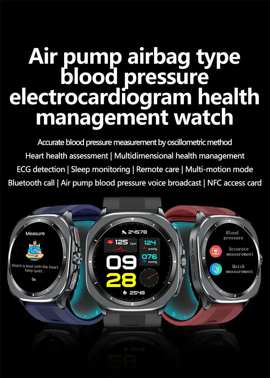 Airbag measurement Smart Watch Men ECG Air Pump Blood Pressure Blood Oxygen BT Call NFC SmartWatch For Man Android iOS upgrade