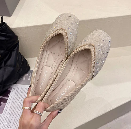 Shoes for Woman 2025 Diamond Flats Women's Summer Footwear Flat Square Toe Pink with Crystals Rhinestone Office 39 Beau Today E