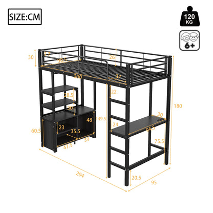 High bed 90 × 200 cm with crash protection, child bed with desk & USB, youth bed with shelves & open storage cabinet