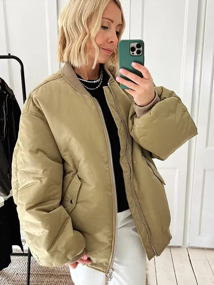 Retro Solid Zipper Cotton Jackets Women Casual Loose Bomber Jacket With Oblique Pockets Female Y2k Autumn Chic Street Outwear