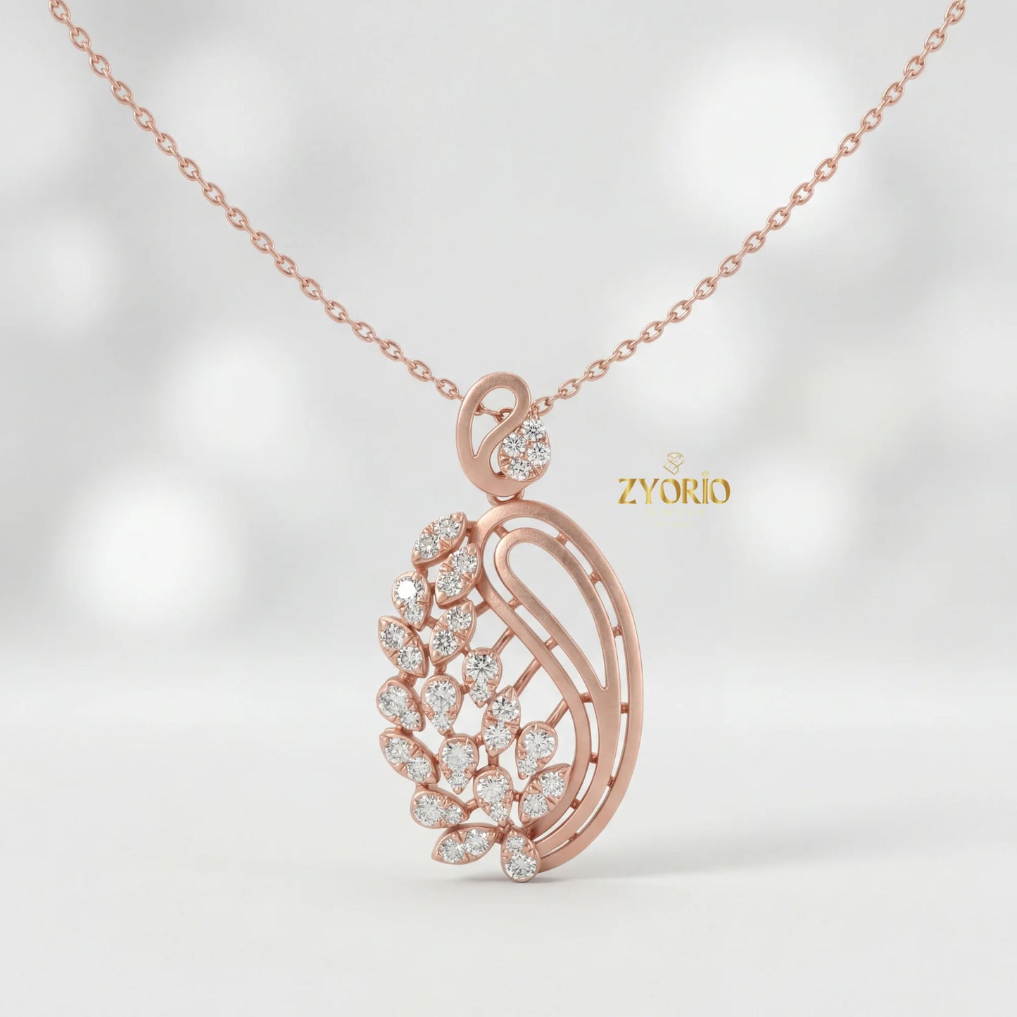 Gold Plated Link Chain Paisley Leaf Diamond Pendant with Sparkling Elegant Nature for Engagement Wedding Anniversary
