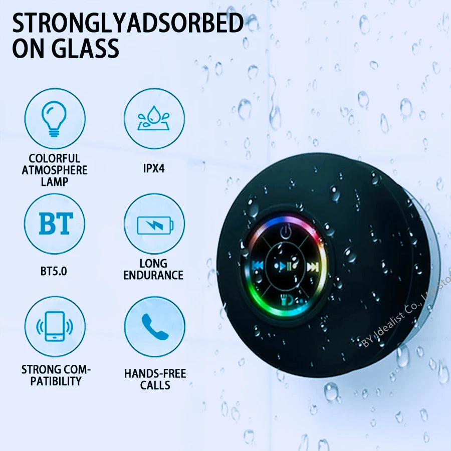 2025 Waterproof Wireless Led Bluetooth Speaker Large Suction Cup Bathroom Mini Portable Speakers Outdoor Sport Stereo Speakers