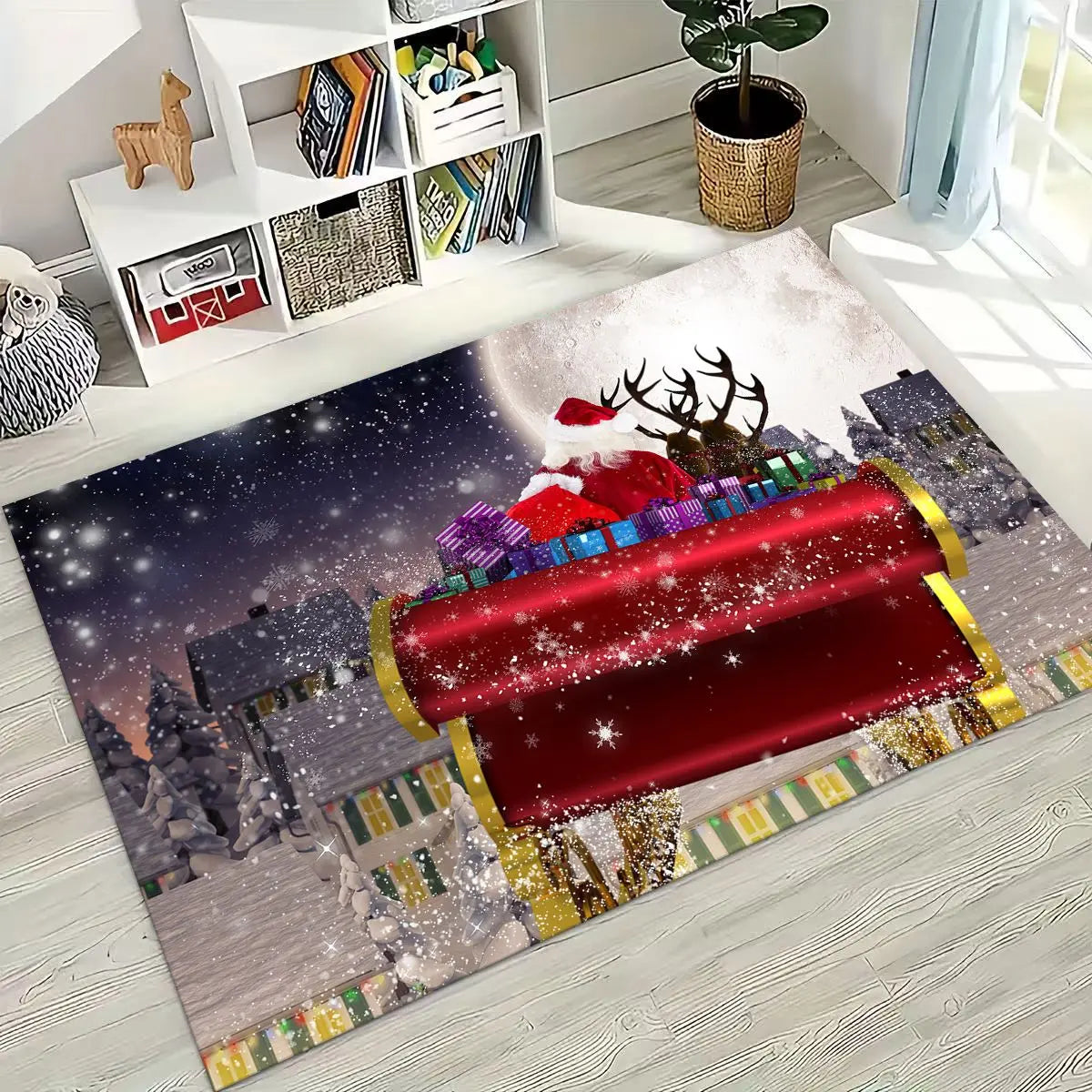 Happy New Year Merry Christmas Tree Santa Claus Cartoon Gift Carpet Rug for Bedroom Living Room Sofa Home Doormat Decor,Non-slip