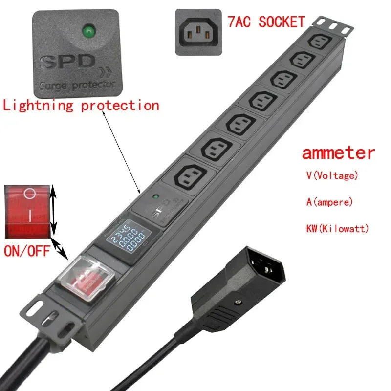 19 inches PDU SPD ammeter overload protection air switch Short circuit switch module power strip  IEC-320 C13 output C14 PLUG