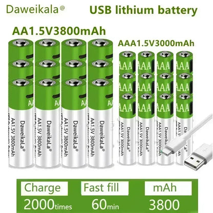 Daweikala rechargeable lithium battery, toy flashlight, MP3 player, 1.5V, AA, 3800mAh/AAA, 3000mAh