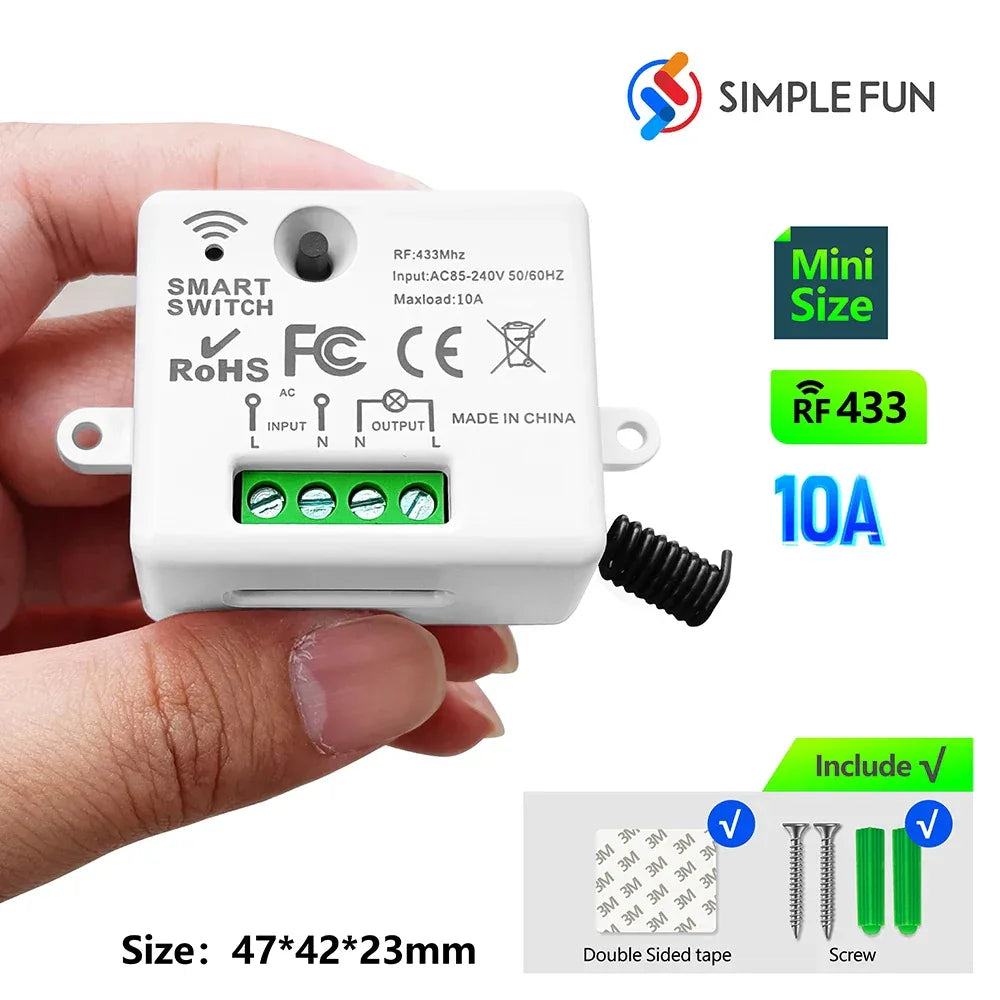 RF Wireless Smart Light Switch 433MHz 110V 220V Mini Relay Receiver Module ,4-in-1 Remote Control,For Led Light Lamp Fan ON/OFF