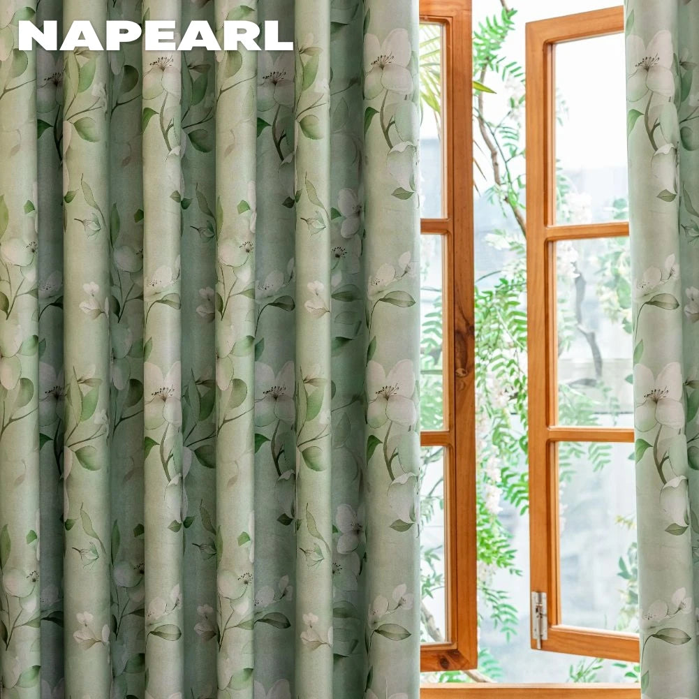 1PC European Style 100% Blackout Curtain for Bedroom Living Room Green Leaf Flower Printed Window Drapes Summer Curtains