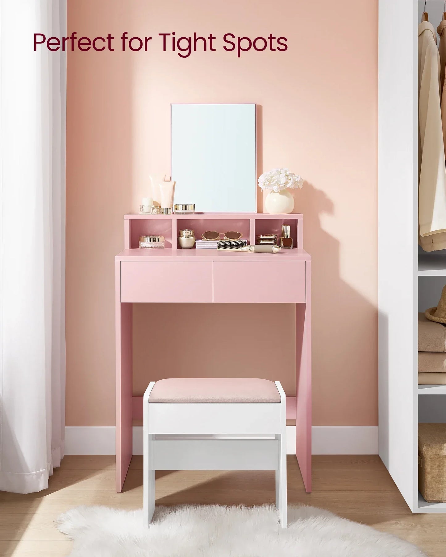 VASAGLE Dressing Table with Large Rectangular Mirror, Vanity Table with 2 Drawers and 3 Open Compartments, Vanity Table