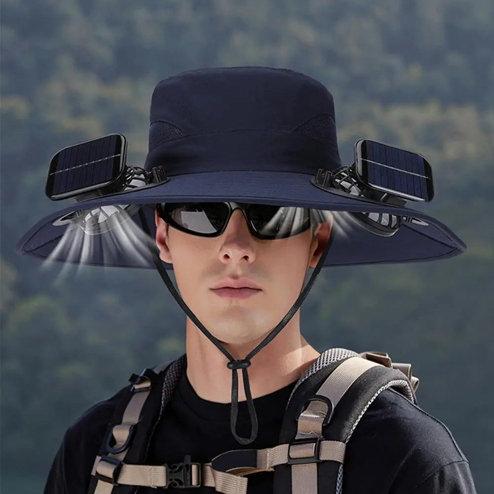 Solar Fan Hat for Men Women, Wide Brim Sun Protection Hat with Dual Solar Fans, 2-in-1 Hands-Free Cooling Cap for Hiking & Work