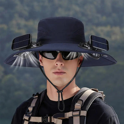 Solar Fan Hat for Men Women, Wide Brim Sun Protection Hat with Dual Solar Fans, 2-in-1 Hands-Free Cooling Cap for Hiking & Work