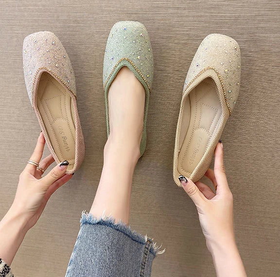 Shoes for Woman 2025 Diamond Flats Women's Summer Footwear Flat Square Toe Pink with Crystals Rhinestone Office 39 Beau Today E
