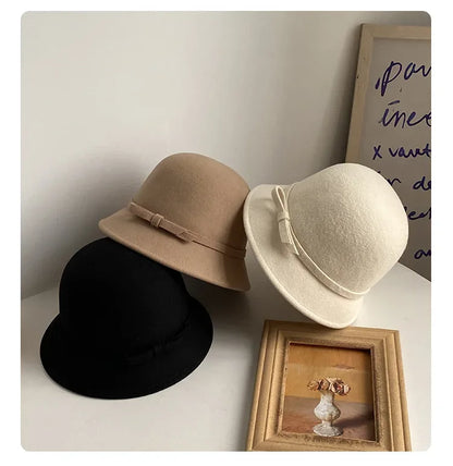 2024 Autumn Spring Fedoras Women Hat Elegant Vintage Bowknot Wool Ladies Hat Dome Felt Wedding Church Jazz Cap Female Bow Bowler
