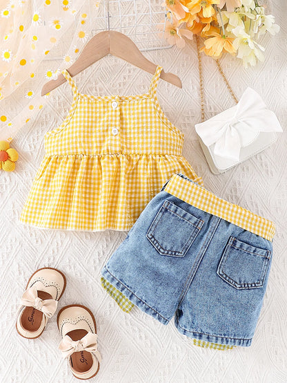 Summer Baby Girls Clothing Set & Denim Shorts Set 2-6Y | Yellow Plaid Ruffled Cami, Distressed Denim with Bow | Soft Breathable
