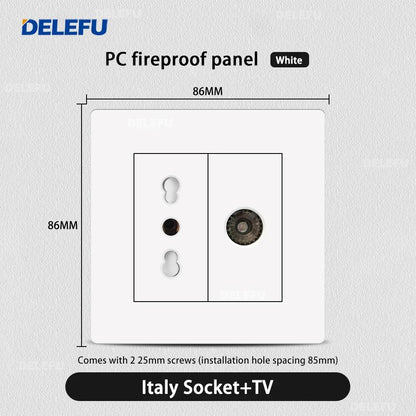 DELEFU86 PC White Flame Retardant Panel Italy Standard Wall Socket USB Type C Socket German Italian Socke EU Socket