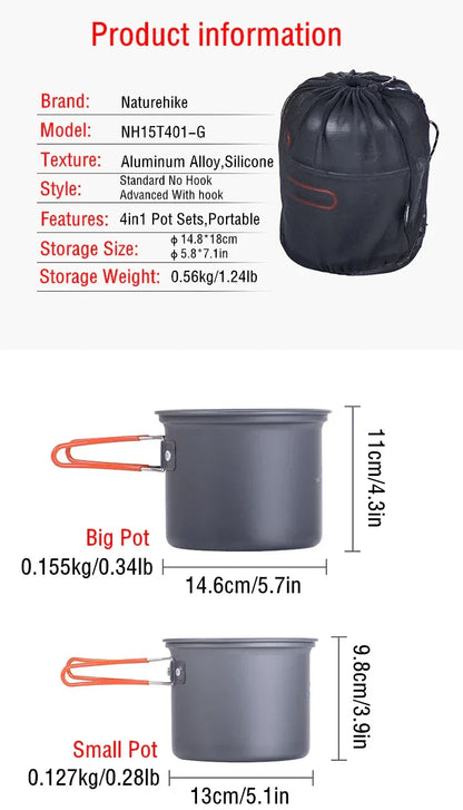 Naturehike Camping Cooking Set Outdoor Picnic Camping Pot Ultralight Portable Picnic Cookware 2-3 Person Hiking Non Stick Pots