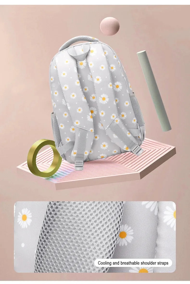 Daisy Pattern School Bag Backpack Pencil Case Handbag Three Piece Set Nylon Fabric Waterproof Boys Girl Teenagers Trend Backpack