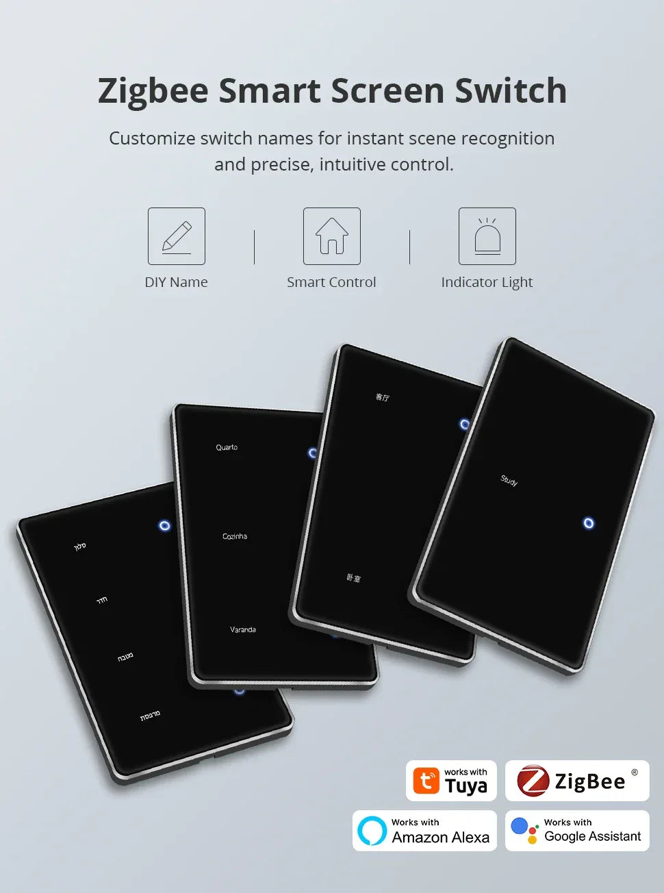 Zemismart Zigbee DIY Name Switch US Black Touch Panel Smart Display Screen Light Switch Work with Tuya Smart Life App