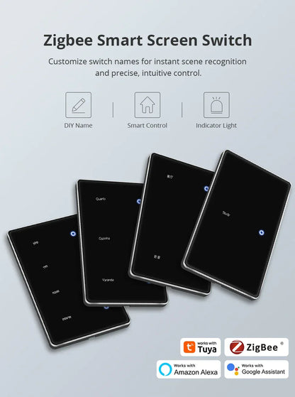 Zemismart Zigbee DIY Name Switch US Black Touch Panel Smart Display Screen Light Switch Work with Tuya Smart Life App