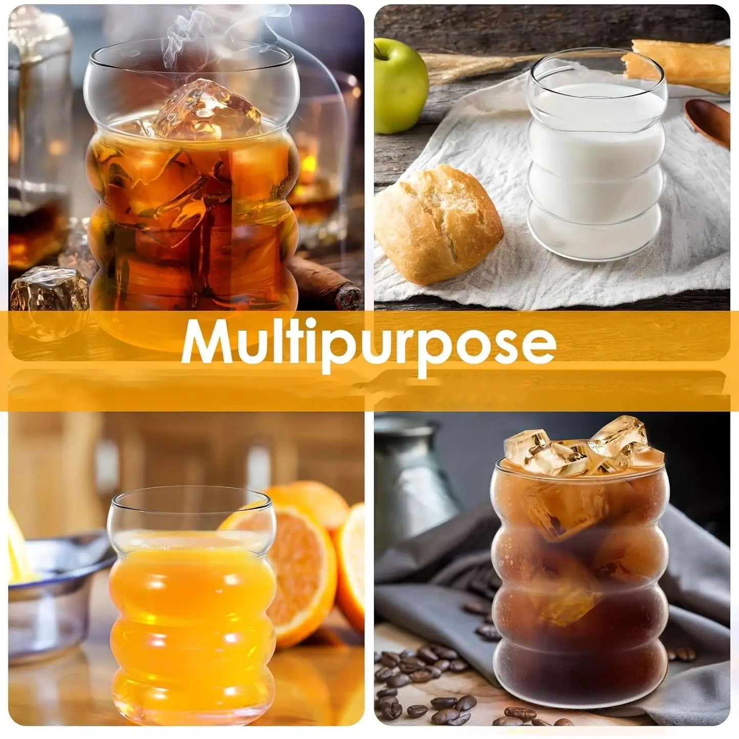 2 High Borosilicate Glass Coffee Cups 350ML/11.8oz with Straw and Brush, Vintage Ripple Design, Transparent Aesthetic Drinkware
