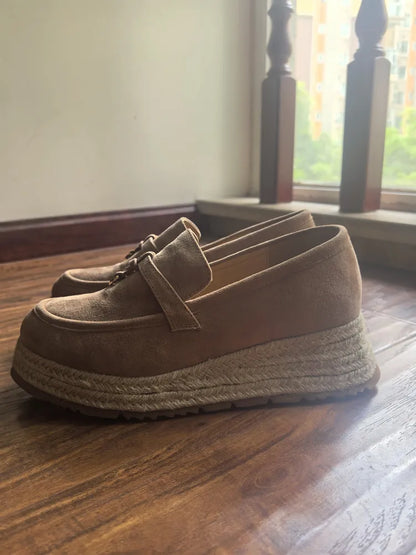 MKKHOU Fashion Loafers New High Quality Real Leather Suede Vintage Straw Braid Platform Shoes Daily Casual Light Shoes Neutral