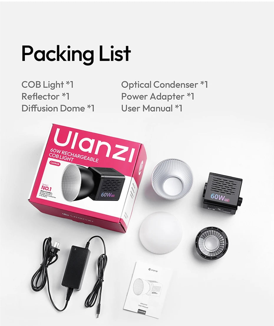 Ulanzi C60 60W RGB COB Light 2500-6500K Bi-Color Video Light For Photography Studio Shooting Outdoor Camping Lighting Vlog