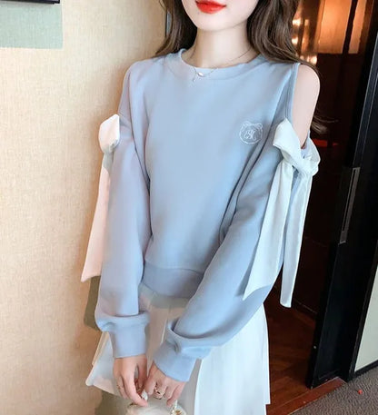 Off The Shoulder Sweatshirt For Women Harajuku Fashion Youthful Clothes Sport Essential New In Basic Blue Woman Pullover Tops