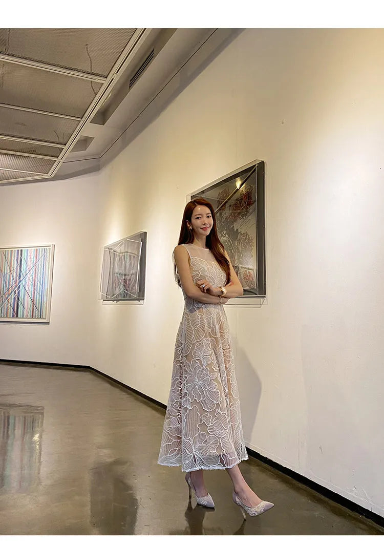 Fashion Slim O-Neck Long Party Casual Dress Hot Sale Summer Dresses Korean Retro Sleeveless Mesh Embroidery Vestidos