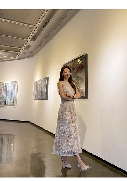 Fashion Slim O-Neck Long Party Casual Dress Hot Sale Summer Dresses Korean Retro Sleeveless Mesh Embroidery Vestidos