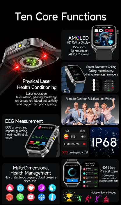 New 650nm Dual probe laser Health Smart Watch ECG+PPG Blood pressure Uric Acid Blood lipids AMOLED Physical therapy Smartwatches