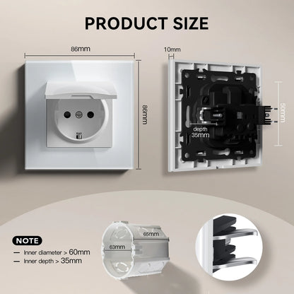 BSEED EU Standard Wall Electric Socket With Cover 16A Bathroom Power Sockets Outdoor Outlet Waterproof Glass Panels E Series