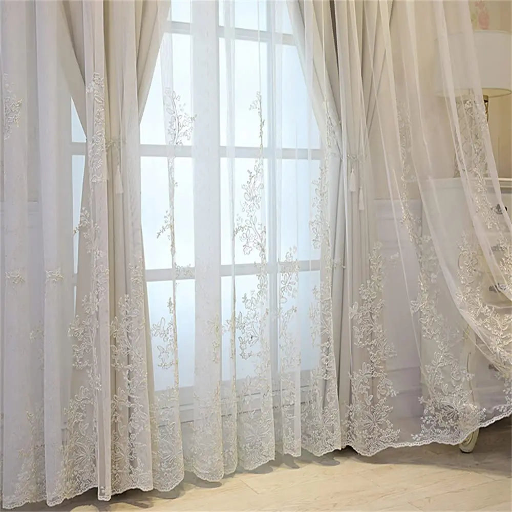 Luxury Beige Double Layer Embroidery Blackout Curtain for Bedroom Living Room European Delicate Sheer Plus Darkening Cloth Drape