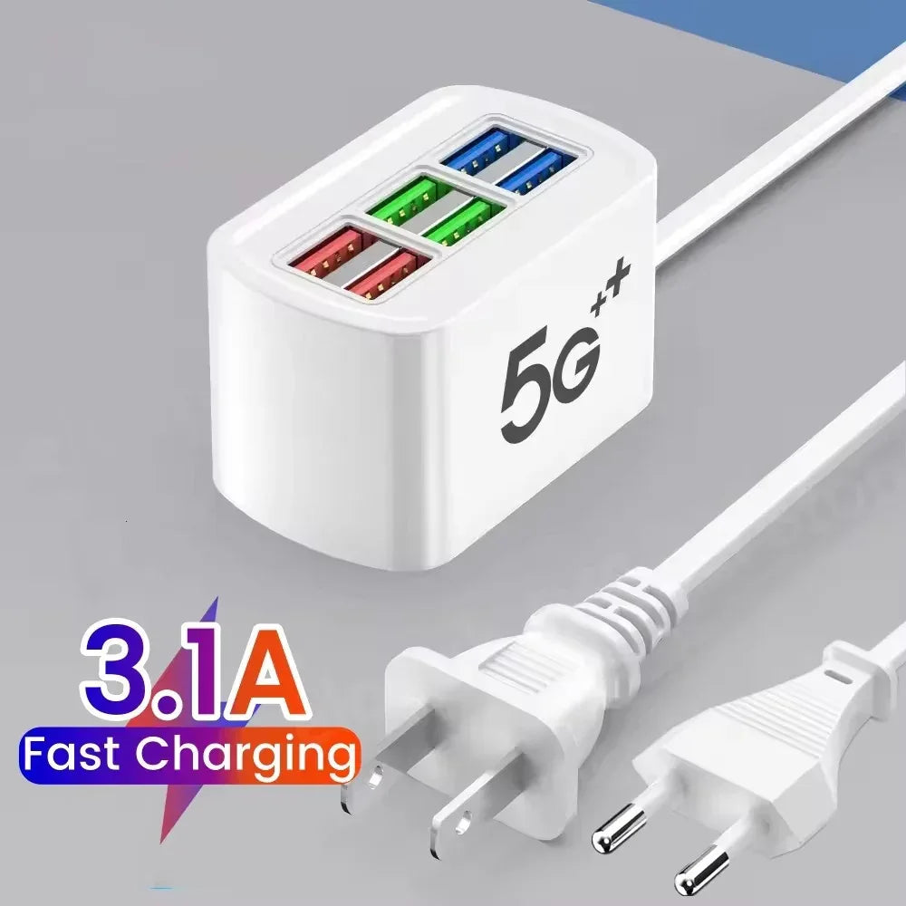 Fast Charging Desktop Power Strip 6-in-1 USB Charger Station with 1M Cord Quick Charge for iPhone 16 17 Samsung Xiaomi Huawei