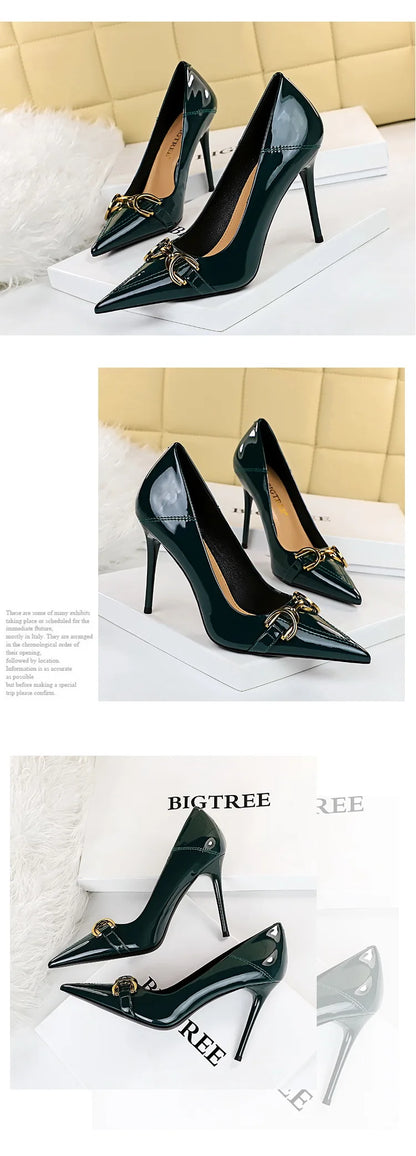 Luxury Design Women 10cm High Heels Metal Buckle Green Pumps Lady Plus Size Wedding Stiletto Heels Party Nude Replica Prom Shoes