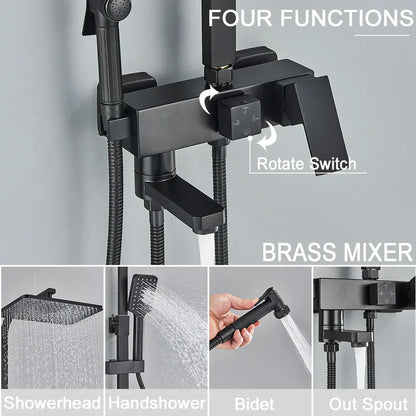 Chrome Brass Shower Faucet Set Rainfall Bathtub Tap With Bathroom Shelf 4 Function Height Adjust Shower Mixer Crane Fast Delivey