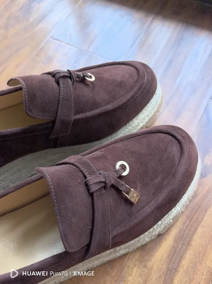 MKKHOU Fashion Loafers New High Quality Real Leather Suede Vintage Straw Braid Platform Shoes Daily Casual Light Shoes Neutral