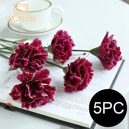 5PCS,Red Carnations Artificial Silk Flowers Bouquet Wedding Party Home Decorations Fake Flowers Photo Props Mother's Day Gift