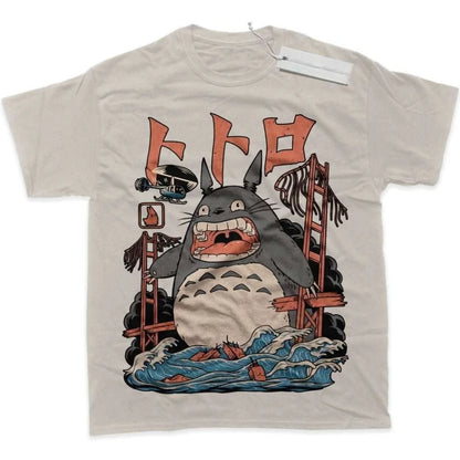Men's T Shirt Sports T Shirt Short Sleeve T Shirt My Neighbor Totoro Grey Cat White Teeth Red Paper Planes Blue Wave Print